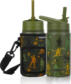14 OZ Kids Water Bottle with Carrier Bag & Strap Leak Proof Metal Insulated Stainless Steel Tumbler with 2 Lids (Flip & Spout) for School & Sports Water Bottle with Straw - Green (Army)