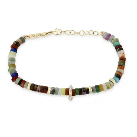 14k Gold & Mixed Gemstone Heishi Bead Bracelet with 2 Prong Diamonds