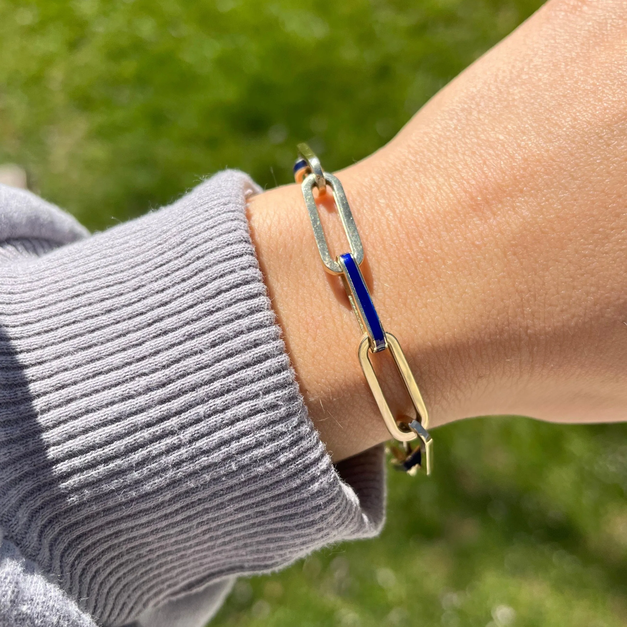 14K GOLD BLUE ENAMEL RAVEN LINK BRACELET