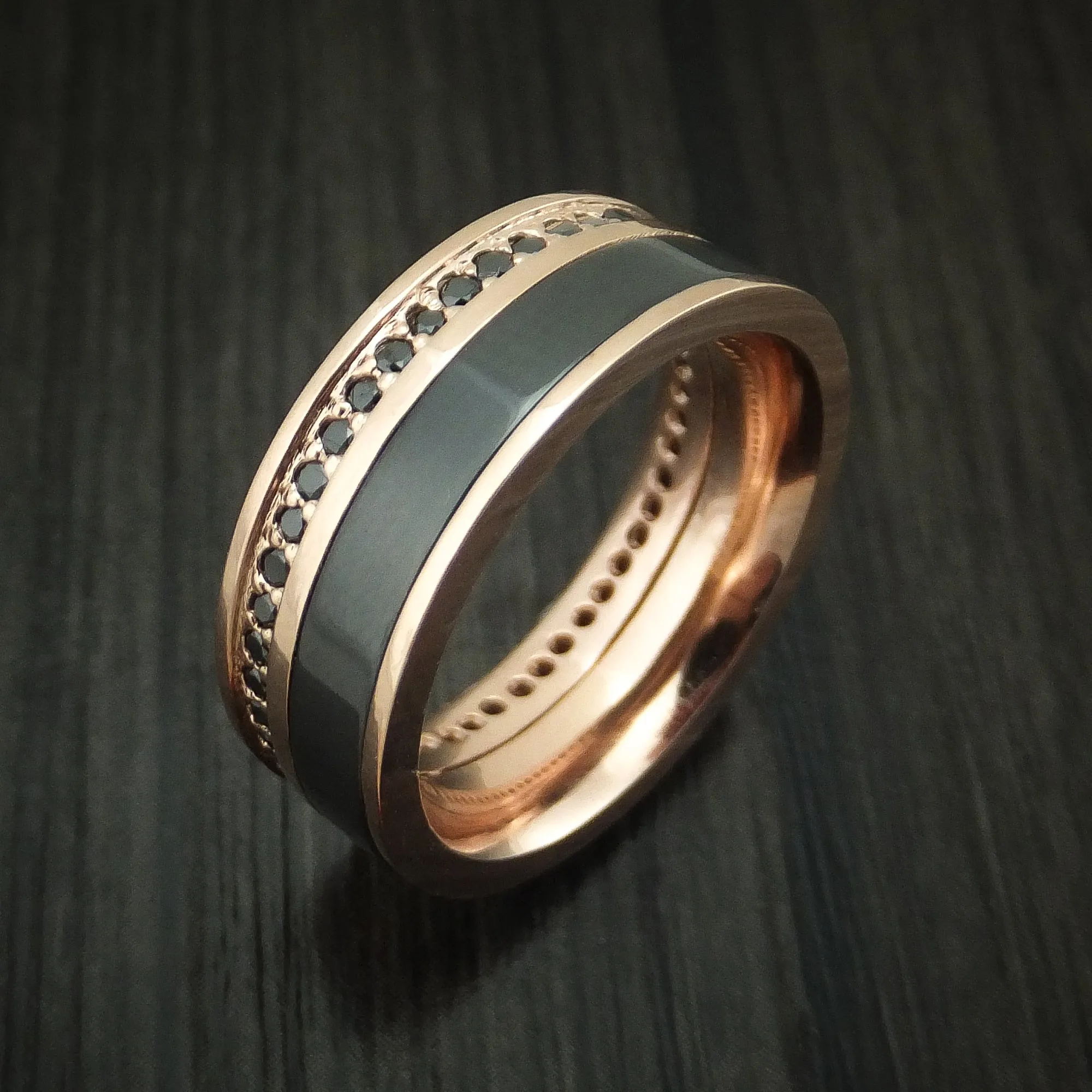 14K Rose Gold Men's Ring with Black Zirconium and Black Diamond Eternity Custom Made