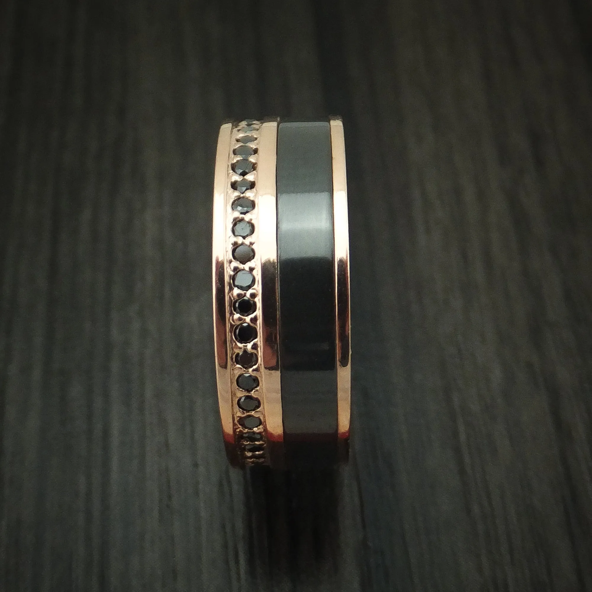 14K Rose Gold Men's Ring with Black Zirconium and Black Diamond Eternity Custom Made