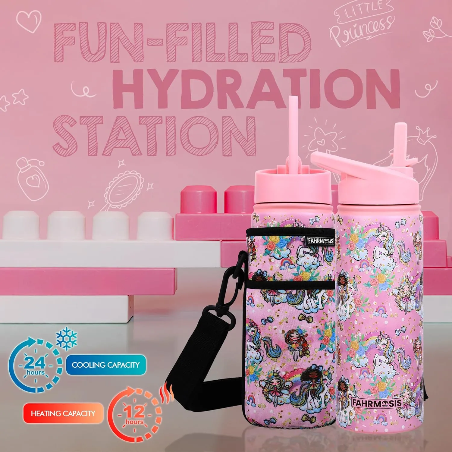 18 OZ Kids Water Bottle with Carrier Bag & Strap Leak Proof Metal Insulated Stainless Steel Tumbler with 2 Lids (Flip & Spout) for School & Sports Water Bottle with Straw - Pink (Princess)
