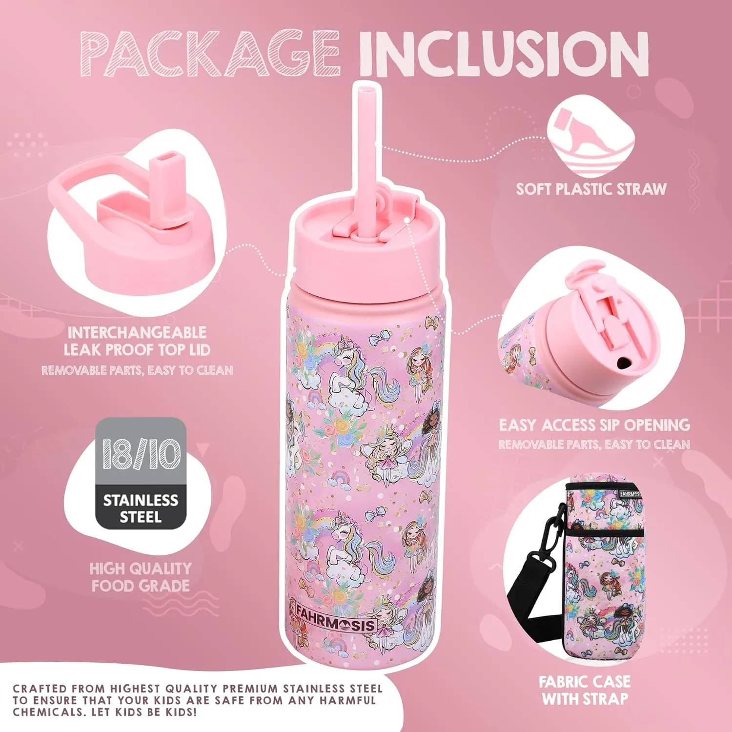 18 OZ Kids Water Bottle with Carrier Bag & Strap Leak Proof Metal Insulated Stainless Steel Tumbler with 2 Lids (Flip & Spout) for School & Sports Water Bottle with Straw - Pink (Princess)