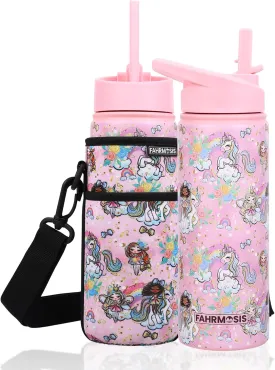 18 OZ Kids Water Bottle with Carrier Bag & Strap Leak Proof Metal Insulated Stainless Steel Tumbler with 2 Lids (Flip & Spout) for School & Sports Water Bottle with Straw - Pink (Princess)