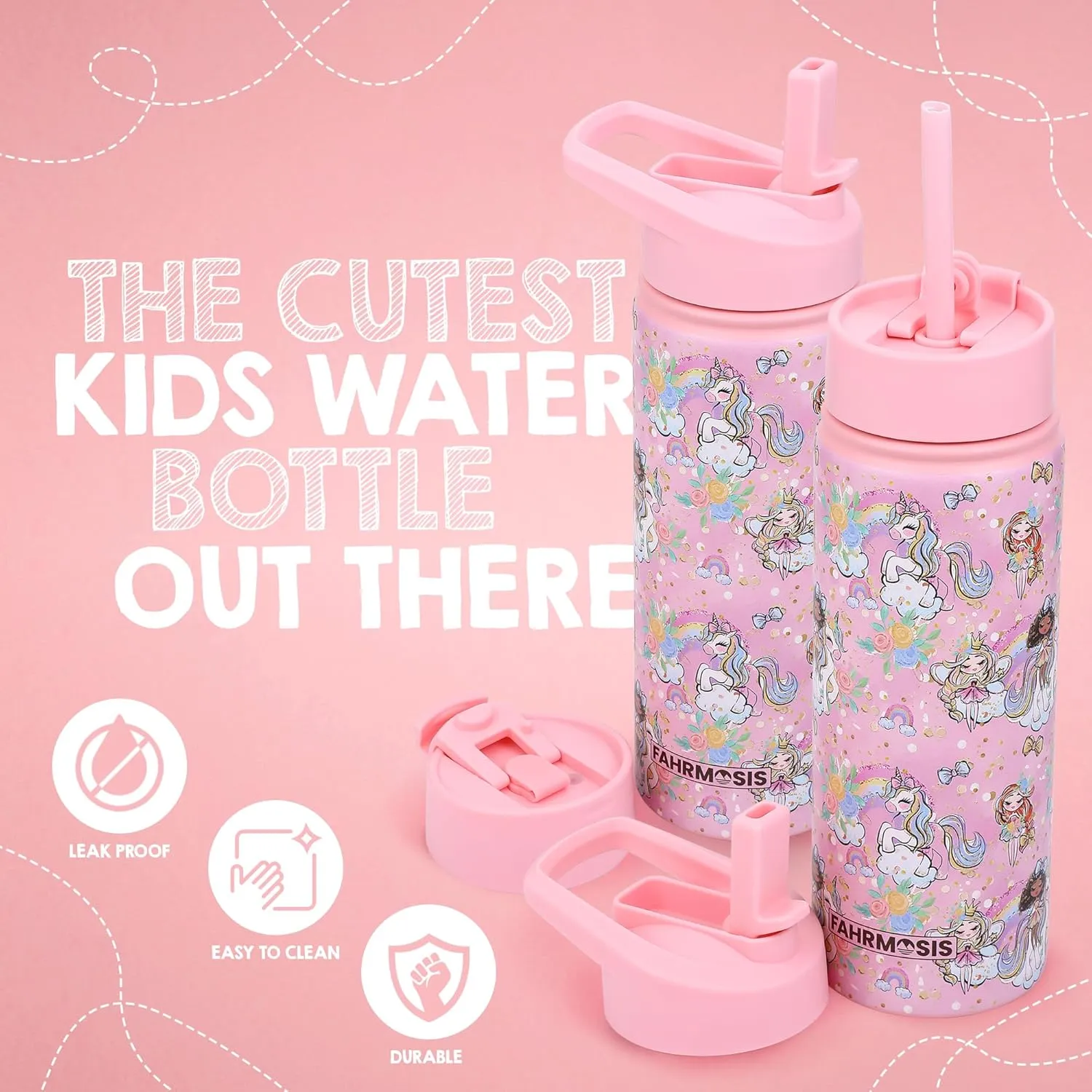 18 OZ Kids Water Bottle with Carrier Bag & Strap Leak Proof Metal Insulated Stainless Steel Tumbler with 2 Lids (Flip & Spout) for School & Sports Water Bottle with Straw - Pink (Princess)