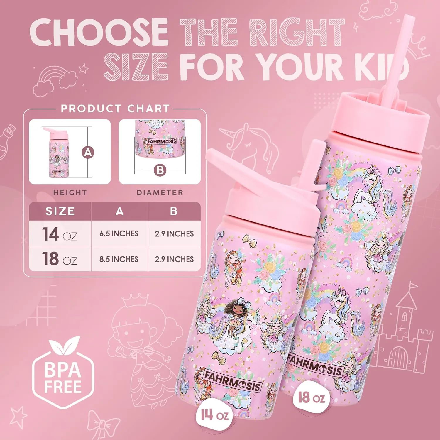 18 OZ Kids Water Bottle with Carrier Bag & Strap Leak Proof Metal Insulated Stainless Steel Tumbler with 2 Lids (Flip & Spout) for School & Sports Water Bottle with Straw - Pink (Princess)