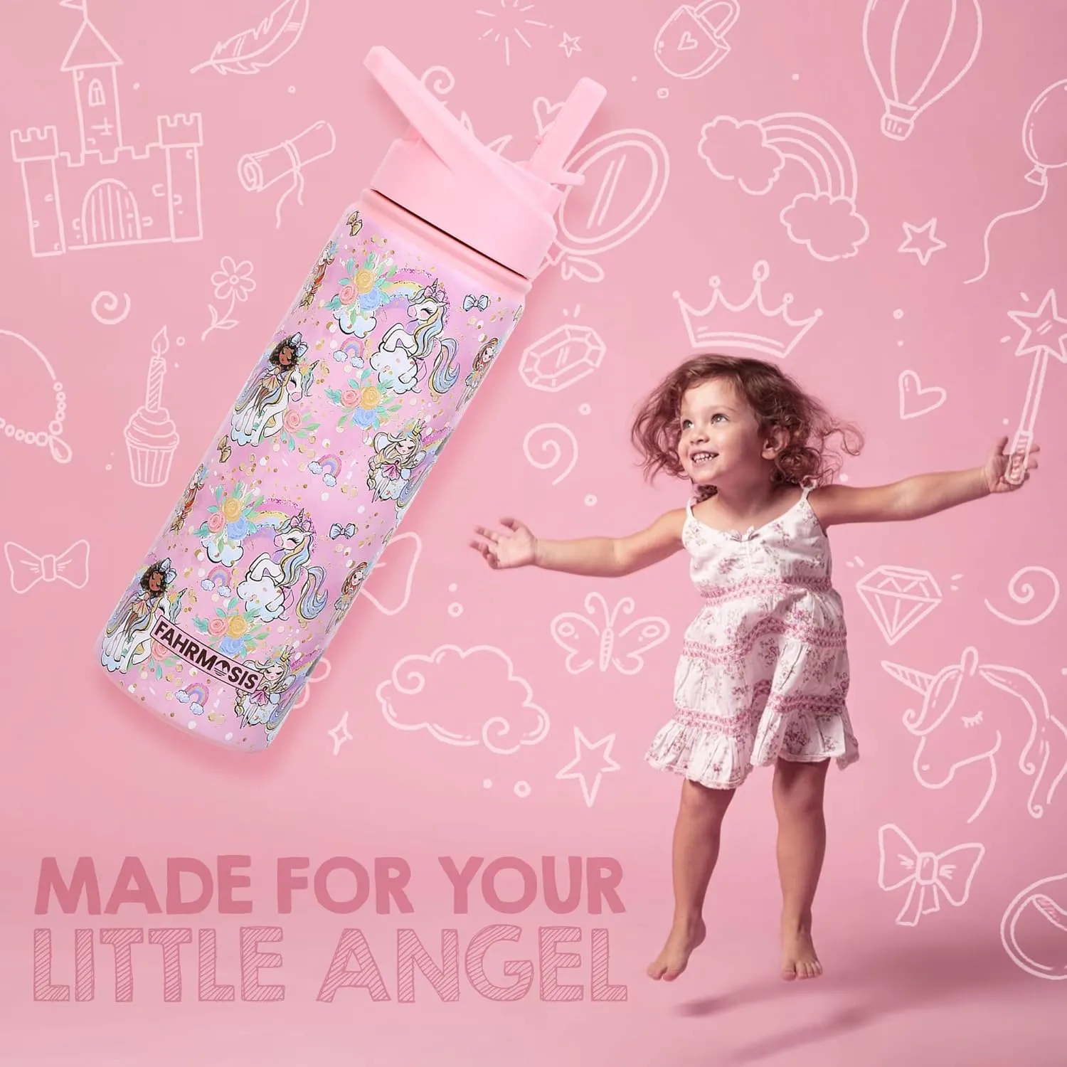 18 OZ Kids Water Bottle with Carrier Bag & Strap Leak Proof Metal Insulated Stainless Steel Tumbler with 2 Lids (Flip & Spout) for School & Sports Water Bottle with Straw - Pink (Princess)