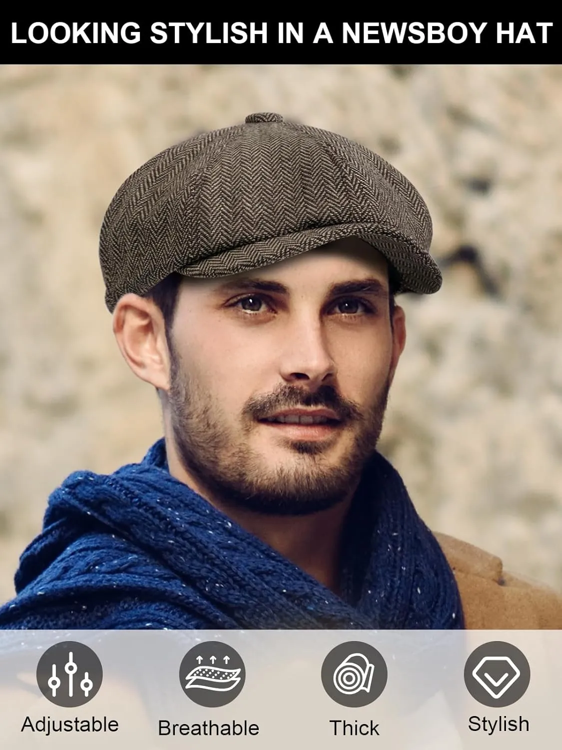 2 Pack Newsboy Cap for Men, Irish Newsies Hat Classic 8 Panel Wool Blend for Old Man Cabbie Driving