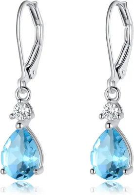 925 Sterling Silver Blue Topaz/Amethyst/Rainbow Quartz CZ Teardrop Leverback Earrings Drop Dangly Gemstone Earings Hypoallergenic Birthday Jewelry Gifts for Women