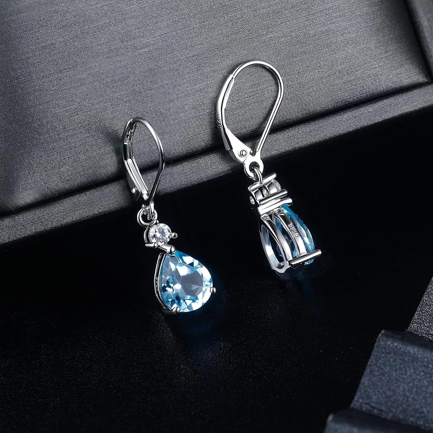 925 Sterling Silver Blue Topaz/Amethyst/Rainbow Quartz CZ Teardrop Leverback Earrings Drop Dangly Gemstone Earings Hypoallergenic Birthday Jewelry Gifts for Women
