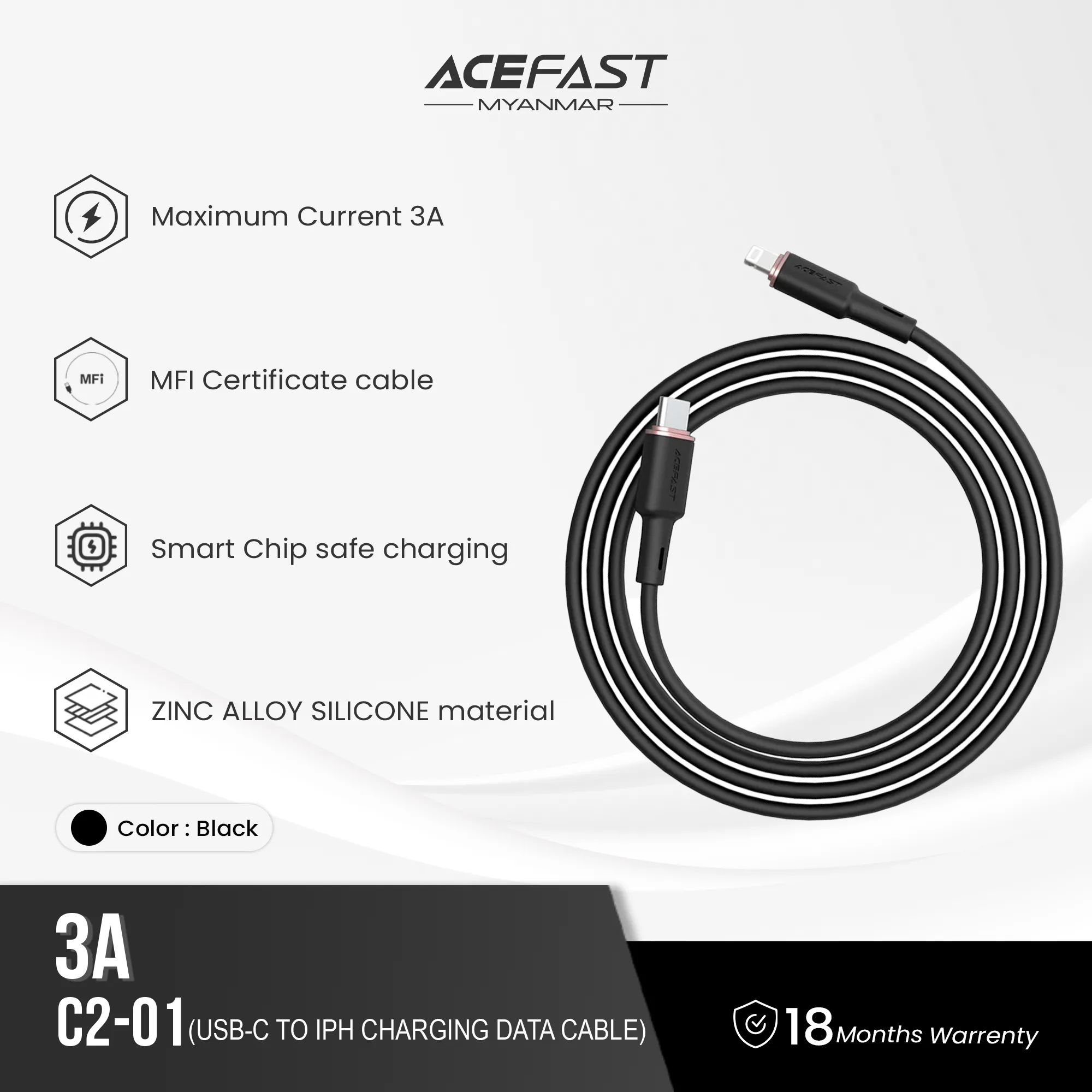 ACEFAST C2-01 USB-C TO LIGHTNING ZINC ALLOY SILICONE CHARGING DATA CABLE (30W MAX)(1.2M) - WHITE