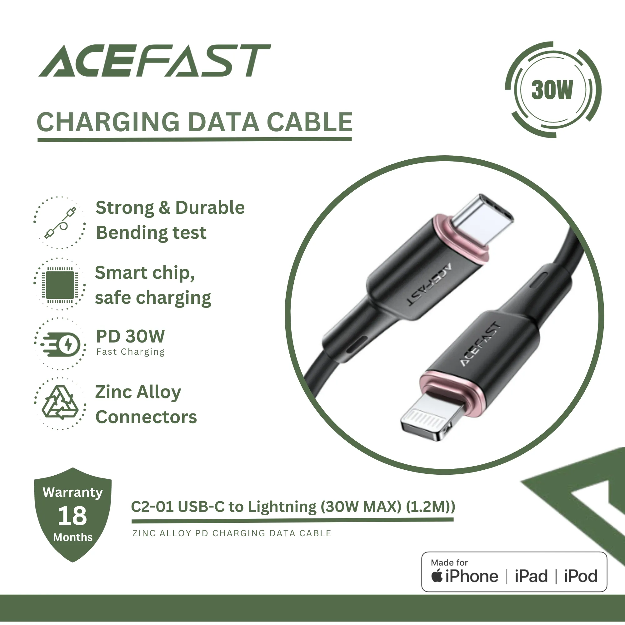 ACEFAST C2-01 USB-C TO LIGHTNING ZINC ALLOY SILICONE CHARGING DATA CABLE (30W MAX)(1.2M) - WHITE