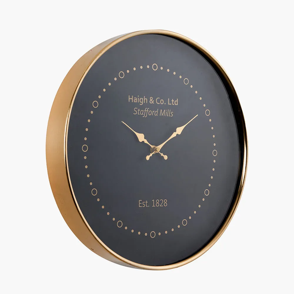 Antique Brass Framed Wall Clock - Black Finish