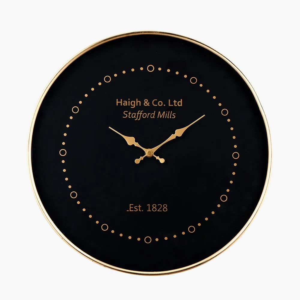 Antique Brass Framed Wall Clock - Black Finish