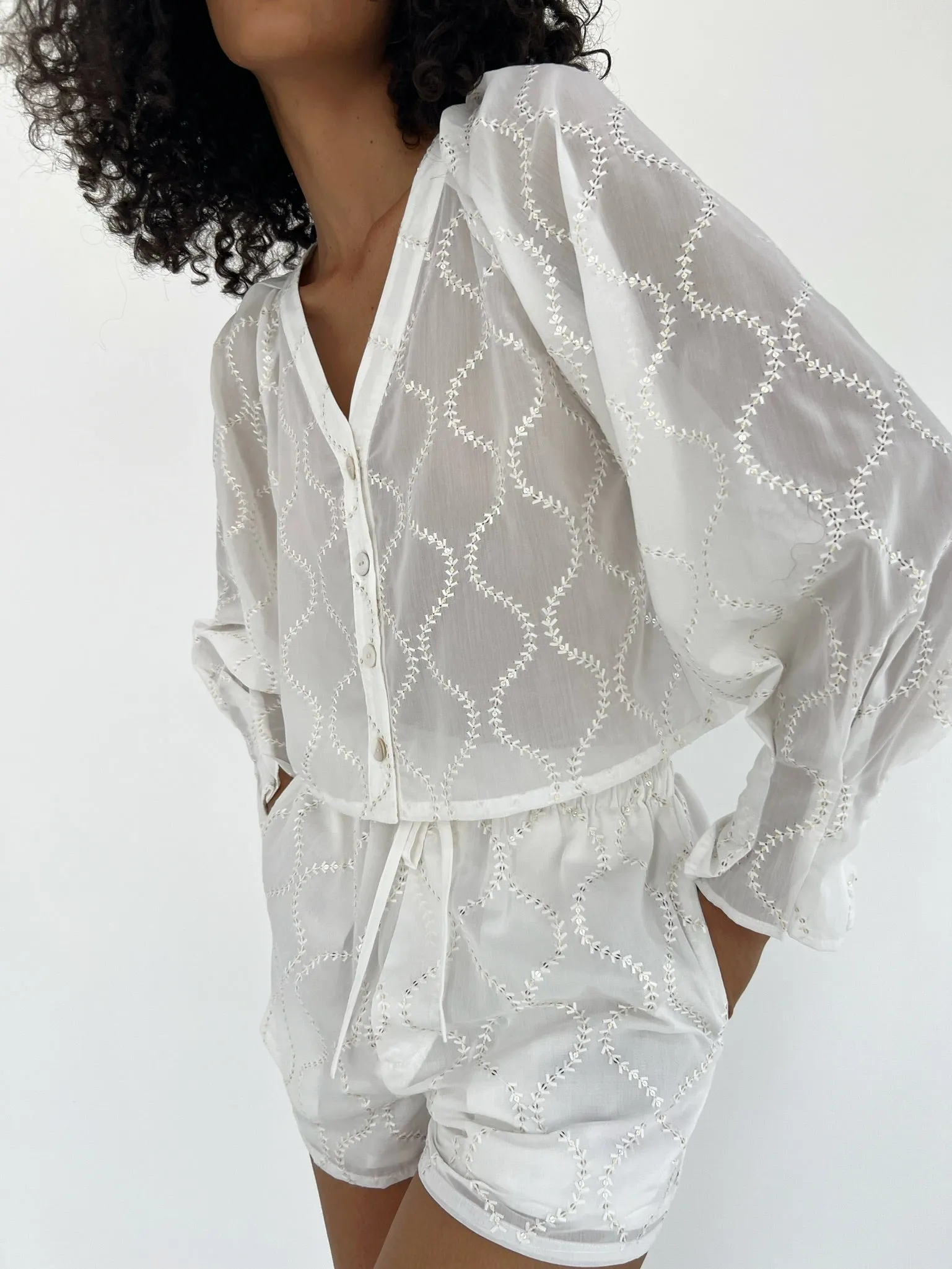 Astrid Cotton Embroidery & Sequin Blouse | Ivory