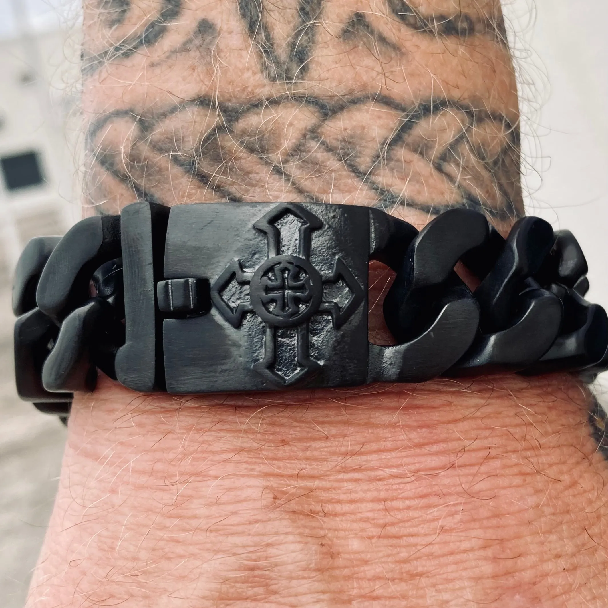 Bagger Bracelet - "EASY BIKER" - Guardian Cross Black - 3/4" wide - B120