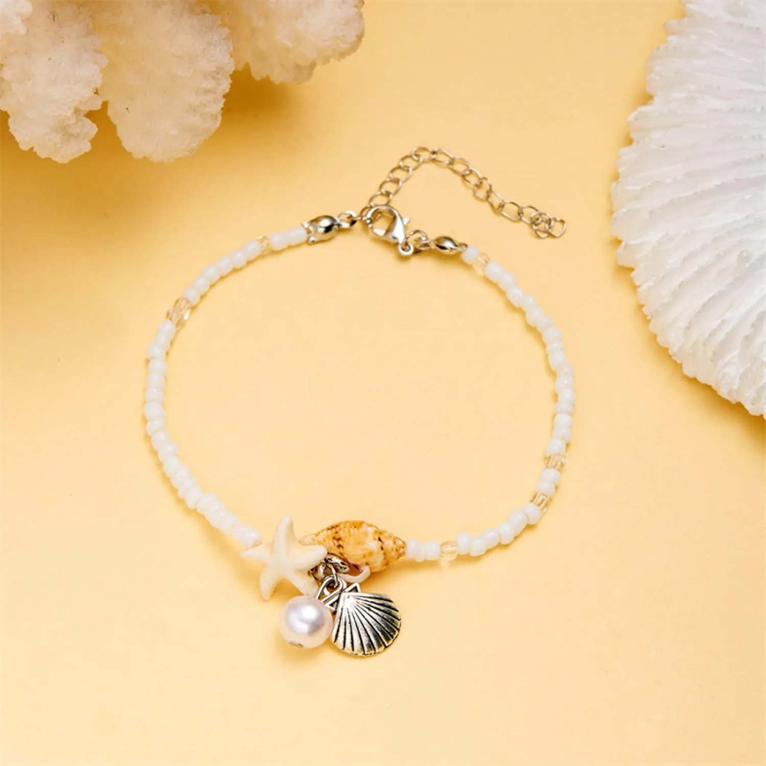 Beach Puka Shell Anklet for Women Waterproof Beaded Ankle Bracelets Adjustable Starfish Seashell Pearl Foot Chain Boho Jewerly Present for Summer Beach Party