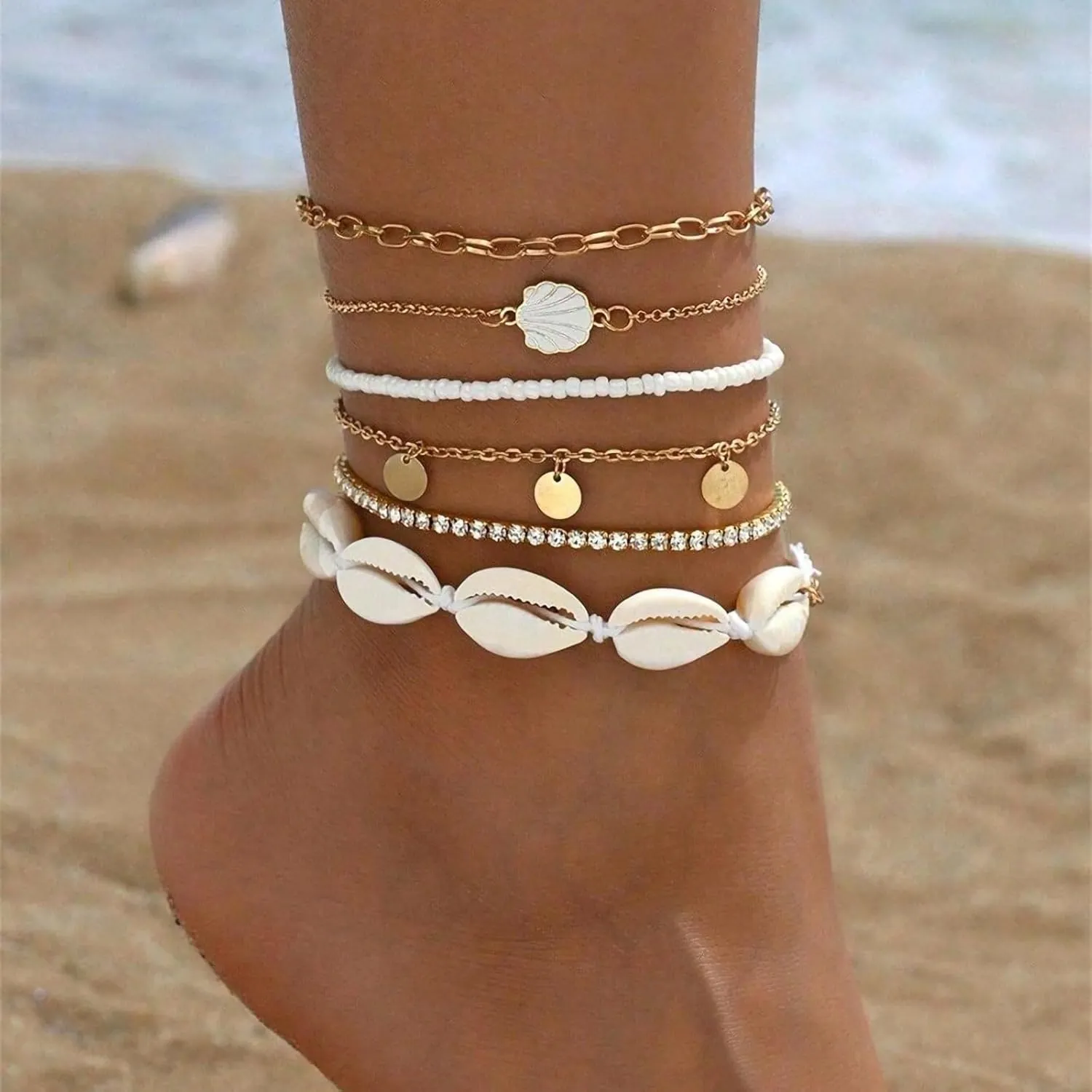 Bead Ankle Bracelets Set for Women, Adjustable Gold Boho Shell Anklet, Hawaiian Beach Seashell Pearl Disc Starfish Conch Foot Jewelry, Summer Fashion Gifts