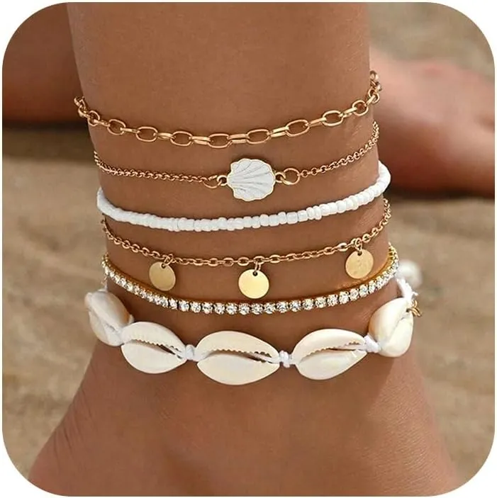 Bead Ankle Bracelets Set for Women, Adjustable Gold Boho Shell Anklet, Hawaiian Beach Seashell Pearl Disc Starfish Conch Foot Jewelry, Summer Fashion Gifts