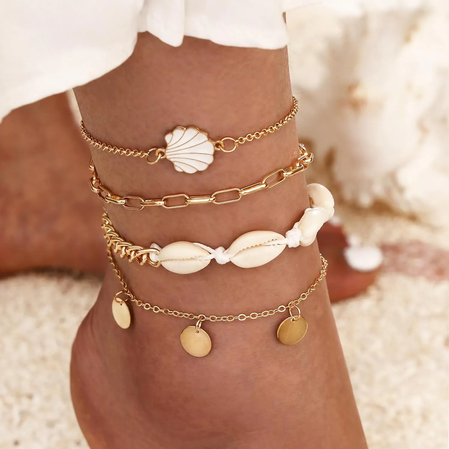 Bead Ankle Bracelets Set for Women, Adjustable Gold Boho Shell Anklet, Hawaiian Beach Seashell Pearl Disc Starfish Conch Foot Jewelry, Summer Fashion Gifts