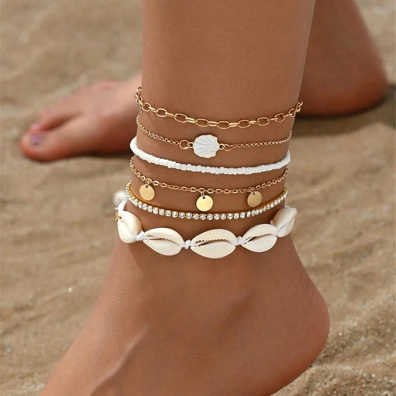 Bead Ankle Bracelets Set for Women, Adjustable Gold Boho Shell Anklet, Hawaiian Beach Seashell Pearl Disc Starfish Conch Foot Jewelry, Summer Fashion Gifts
