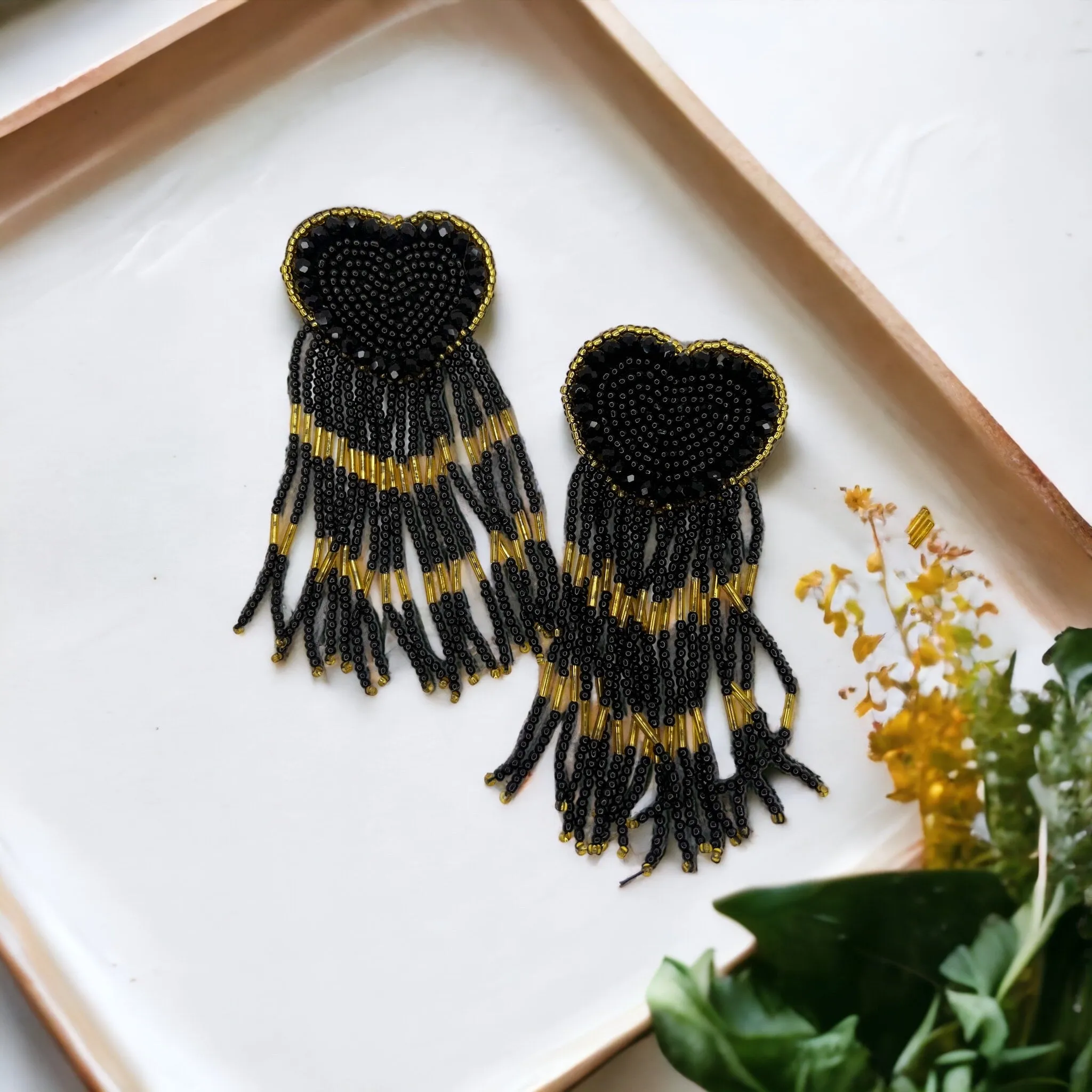 Beaded Heart Earrings - Boho Earrings, Bohemian Style, Kentucky Derby, Rose Earrings, Handmade Jewelry, Anniversary Gift