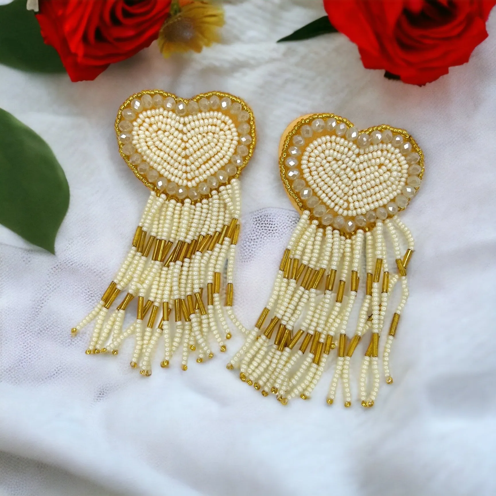 Beaded Heart Earrings - Boho Earrings, Bohemian Style, Kentucky Derby, Rose Earrings, Handmade Jewelry, Anniversary Gift