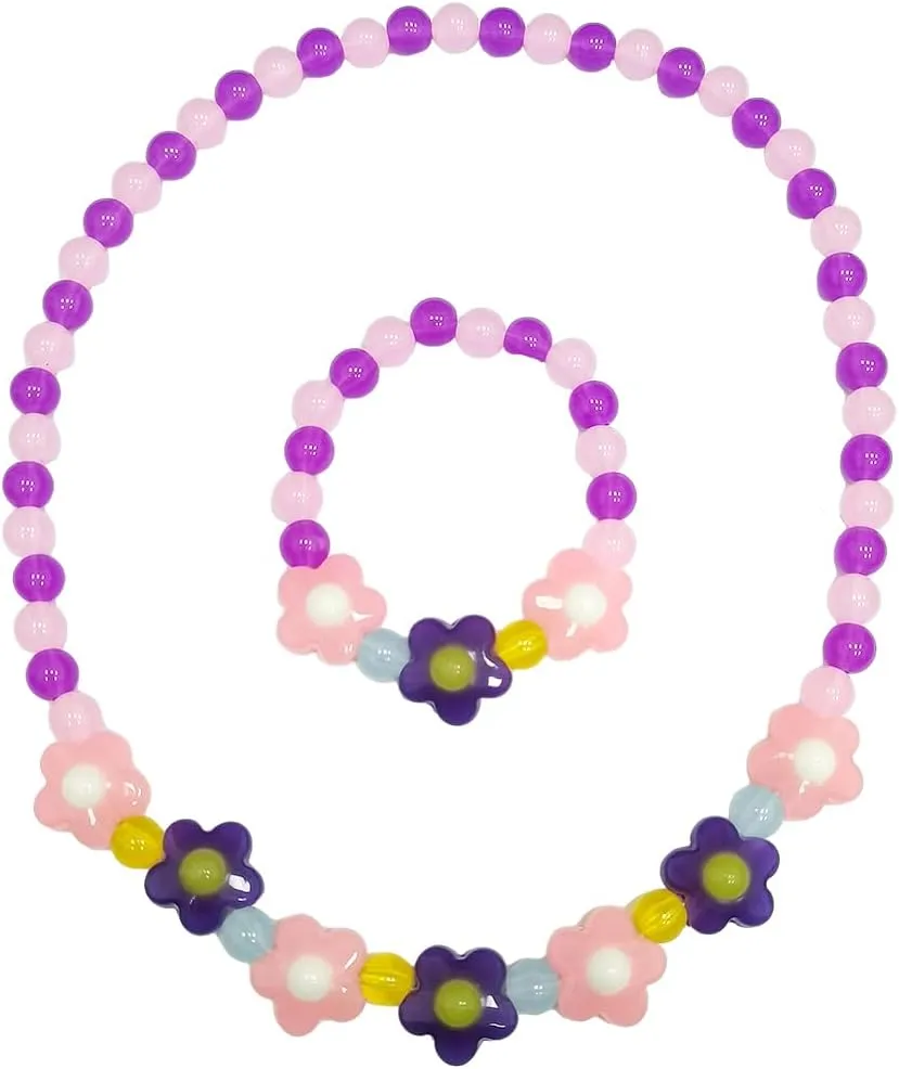 Beaded Necklaces and Bracelets Set for Women Flower Butterfly Pendant Bead Stretch Necklace Party Favors Dress up Play Costume Jewelry Gift