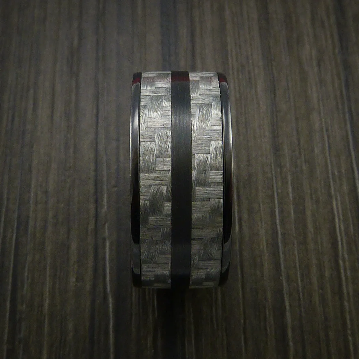 Black Titanium Men's Ring with Silver Texalium Carbon Fiber Inlay Custom Made Wedding Band