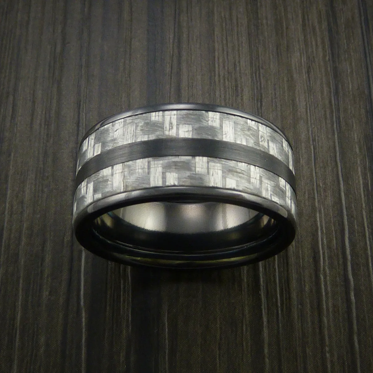 Black Titanium Men's Ring with Silver Texalium Carbon Fiber Inlay Custom Made Wedding Band