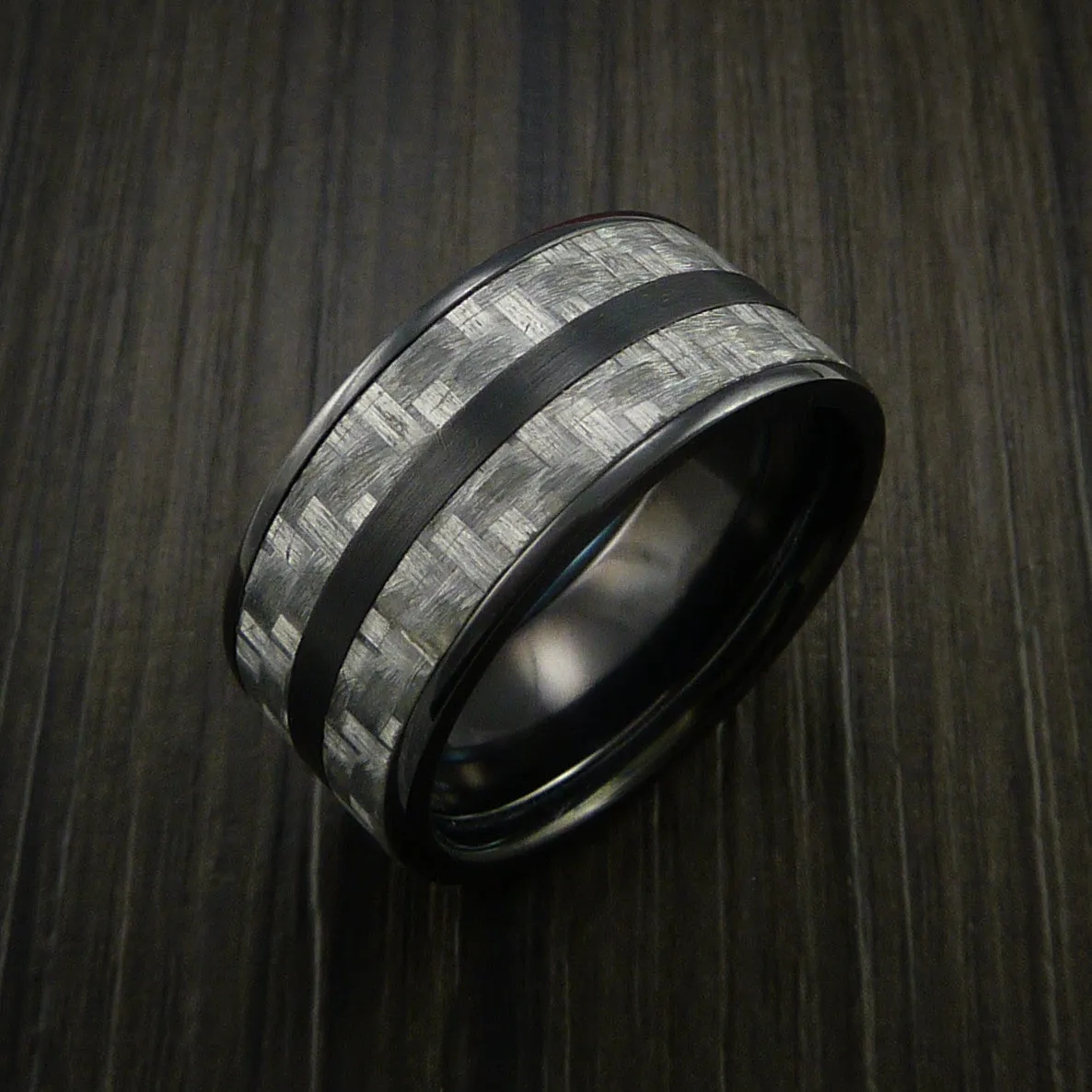 Black Titanium Men's Ring with Silver Texalium Carbon Fiber Inlay Custom Made Wedding Band