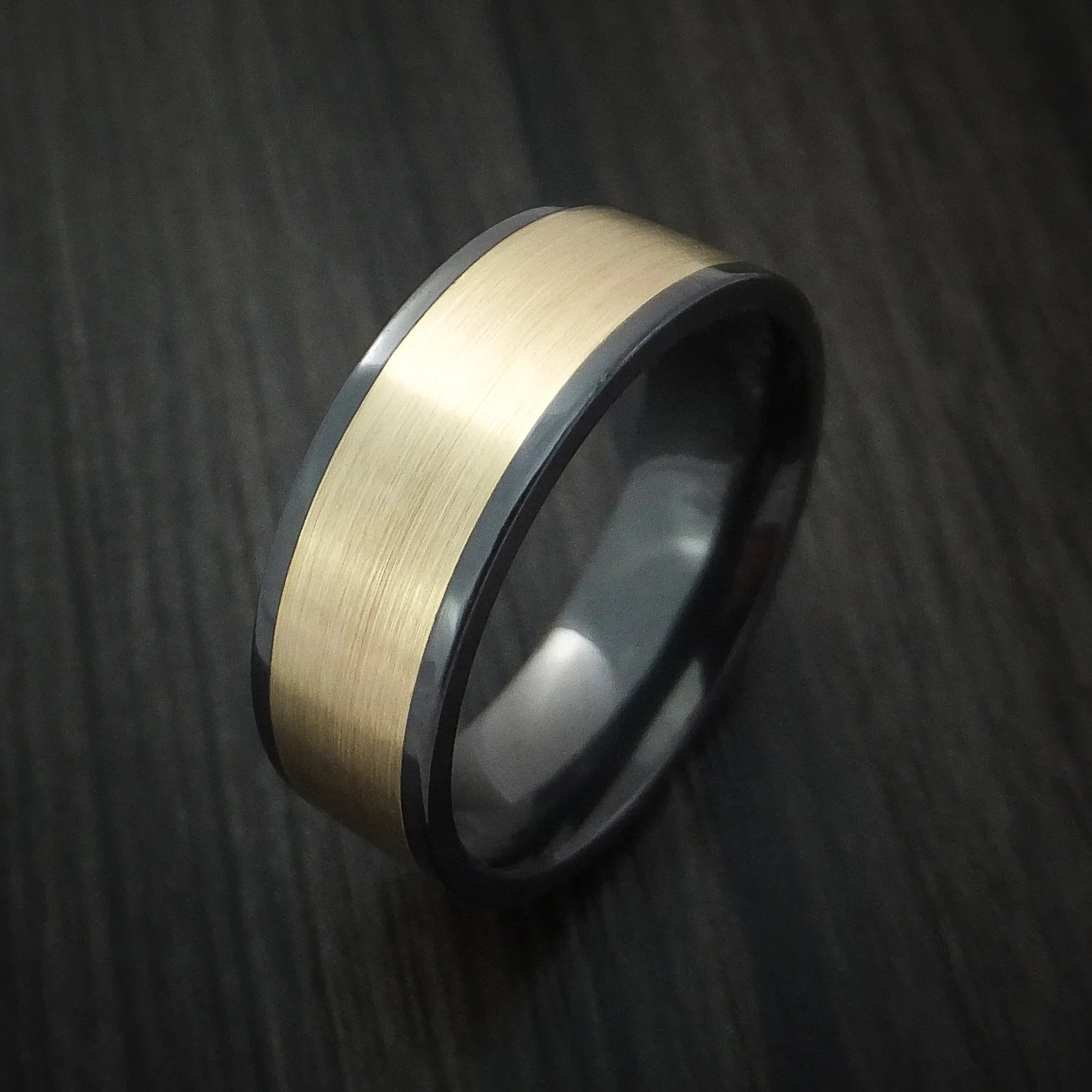Black Titanium Men's Ring with Wide 14K Yellow Gold Inlay Custom Made Band