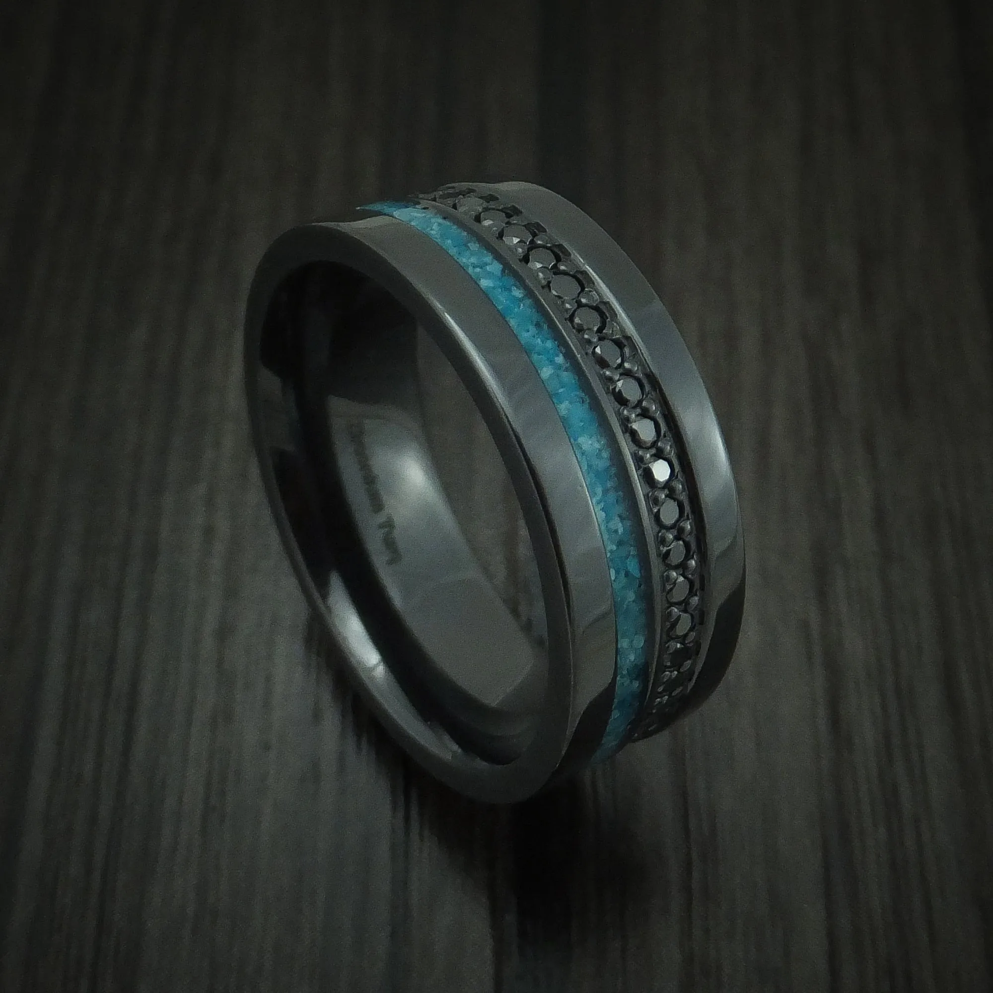 Black Zirconium and Black Diamond Men's Ring with Turquoise Inlay Custom Made