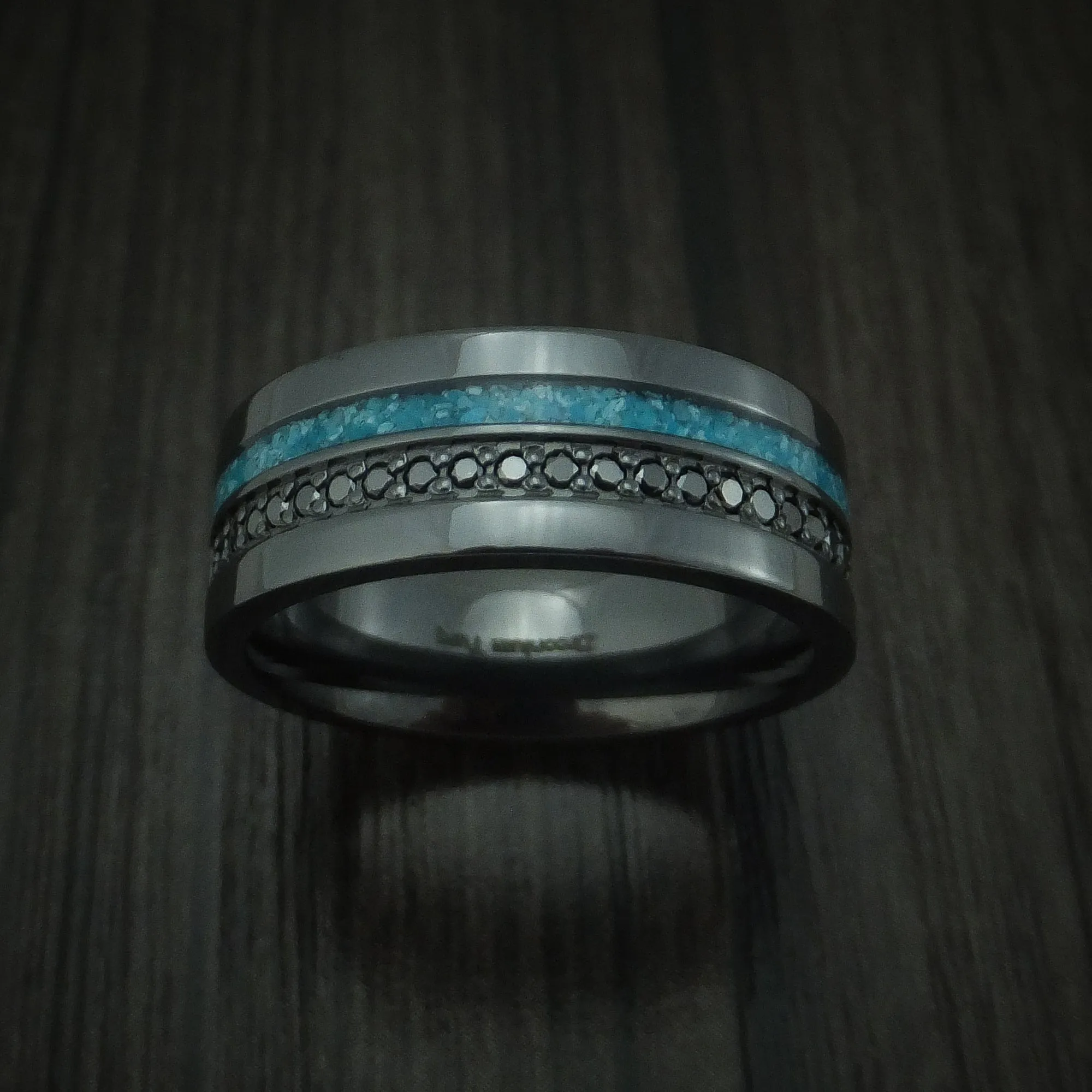 Black Zirconium and Black Diamond Men's Ring with Turquoise Inlay Custom Made