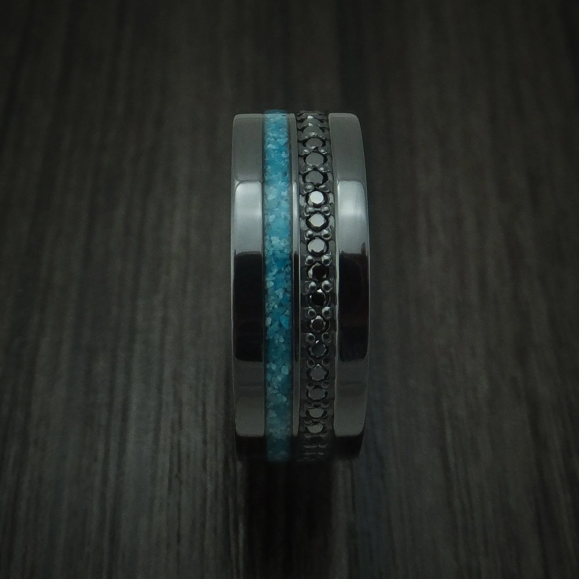Black Zirconium and Black Diamond Men's Ring with Turquoise Inlay Custom Made