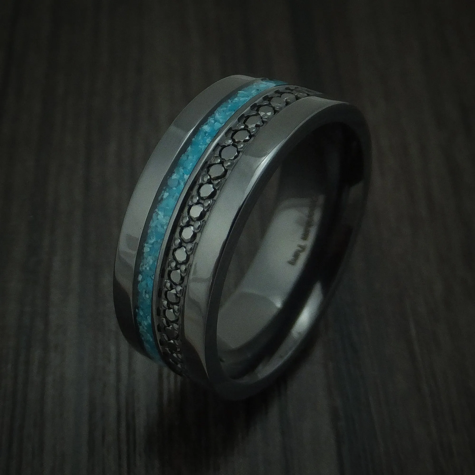 Black Zirconium and Black Diamond Men's Ring with Turquoise Inlay Custom Made