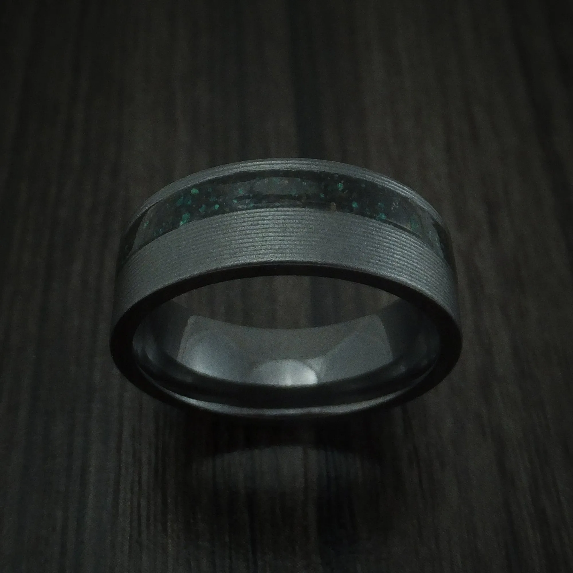 Black Zirconium And Black Dinosaur Bone with Malachite Men's Ring Custom Made Fossil Band