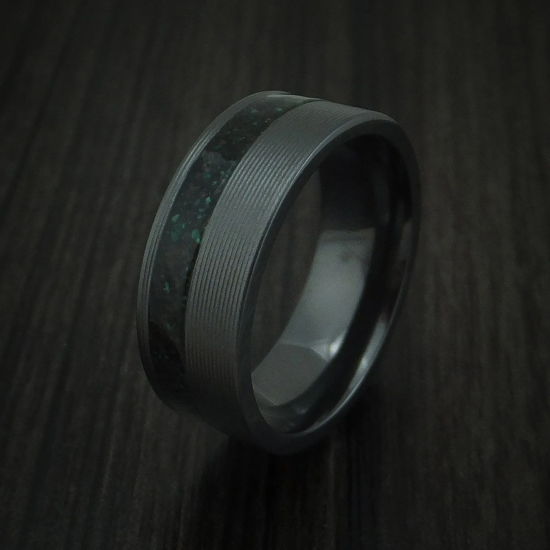 Black Zirconium And Black Dinosaur Bone with Malachite Men's Ring Custom Made Fossil Band