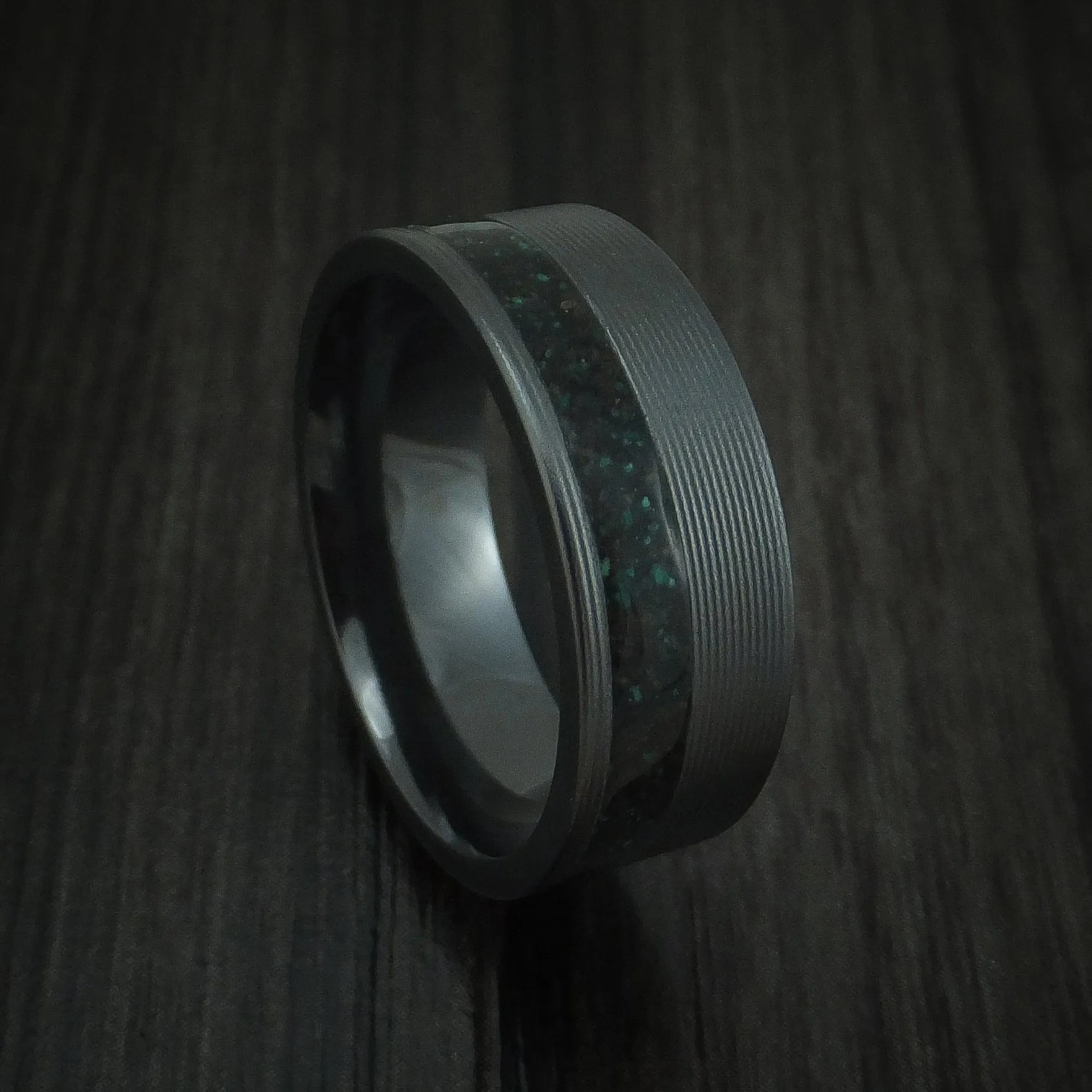 Black Zirconium And Black Dinosaur Bone with Malachite Men's Ring Custom Made Fossil Band