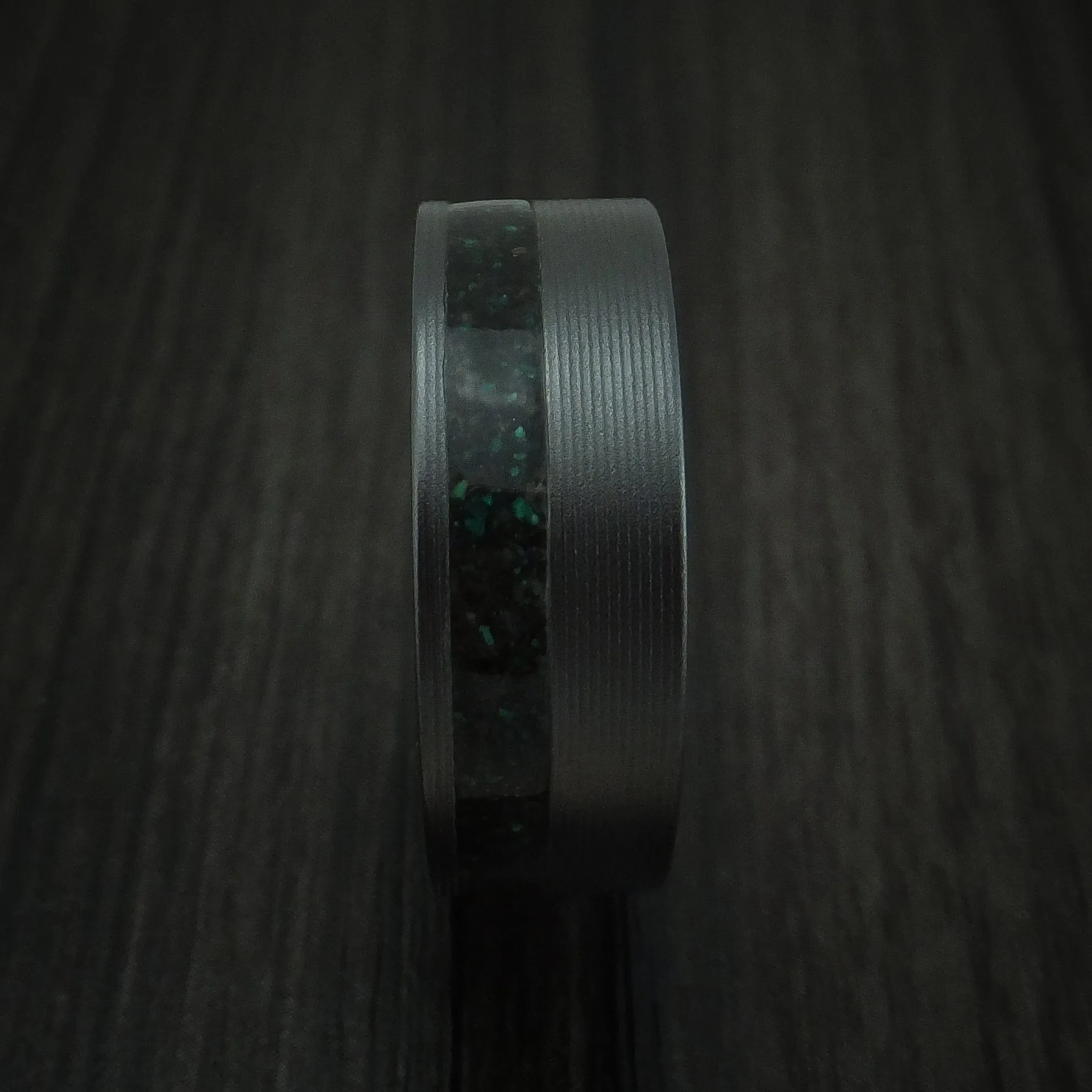 Black Zirconium And Black Dinosaur Bone with Malachite Men's Ring Custom Made Fossil Band