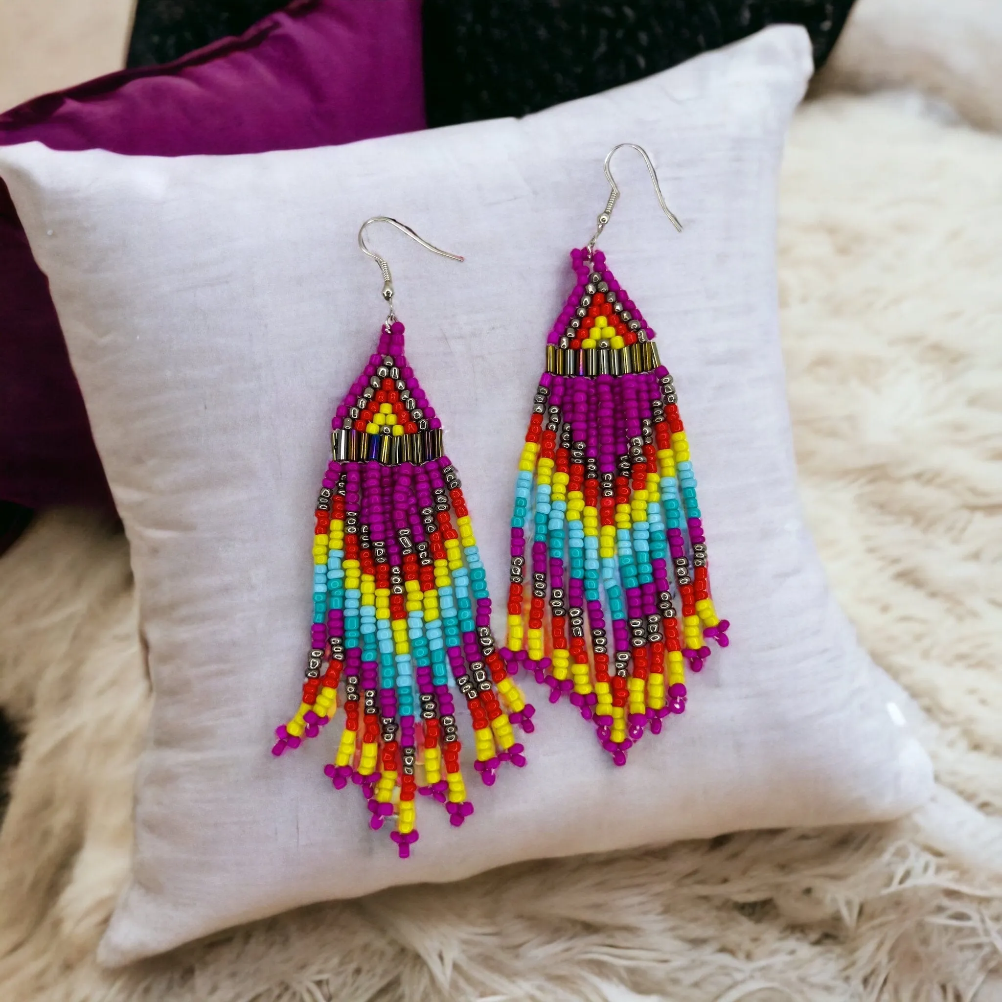 Boho Beaded Earrings - Boho Earrings, Bohemian Style, Hot Pink, Beaded Accessories, Handmade Jewelry, Blue Green