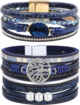 Boho Leather Wrap Bracelets Bohemian Crystal Bracelets Trendy Layered Bracelet with Magnetic Clasp Jewelry Gifts for Women