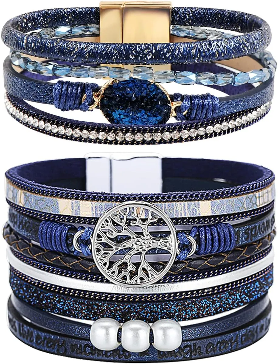 Boho Leather Wrap Bracelets Bohemian Crystal Bracelets Trendy Layered Bracelet with Magnetic Clasp Jewelry Gifts for Women