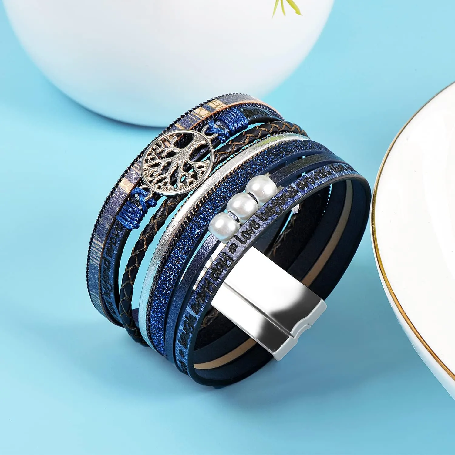 Boho Leather Wrap Bracelets Bohemian Crystal Bracelets Trendy Layered Bracelet with Magnetic Clasp Jewelry Gifts for Women