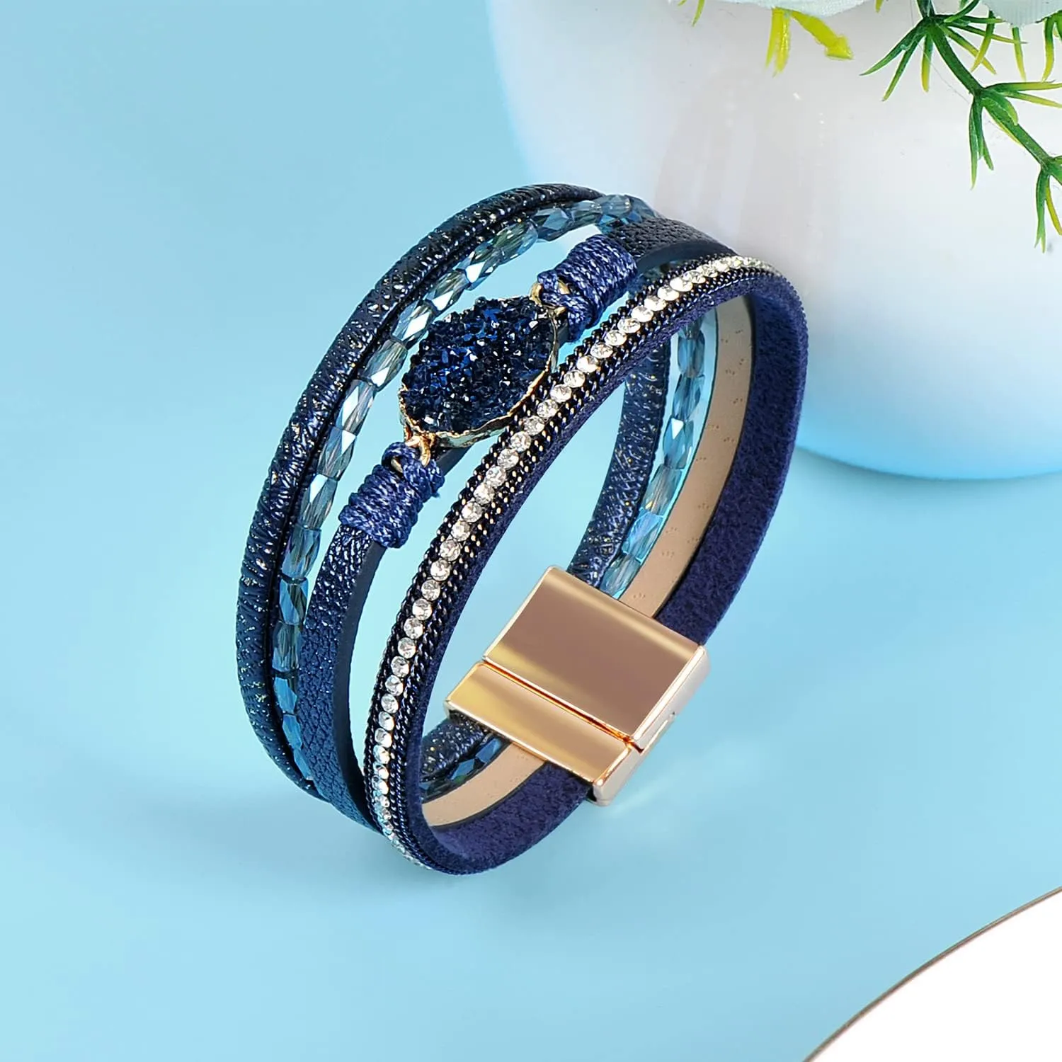 Boho Leather Wrap Bracelets Bohemian Crystal Bracelets Trendy Layered Bracelet with Magnetic Clasp Jewelry Gifts for Women