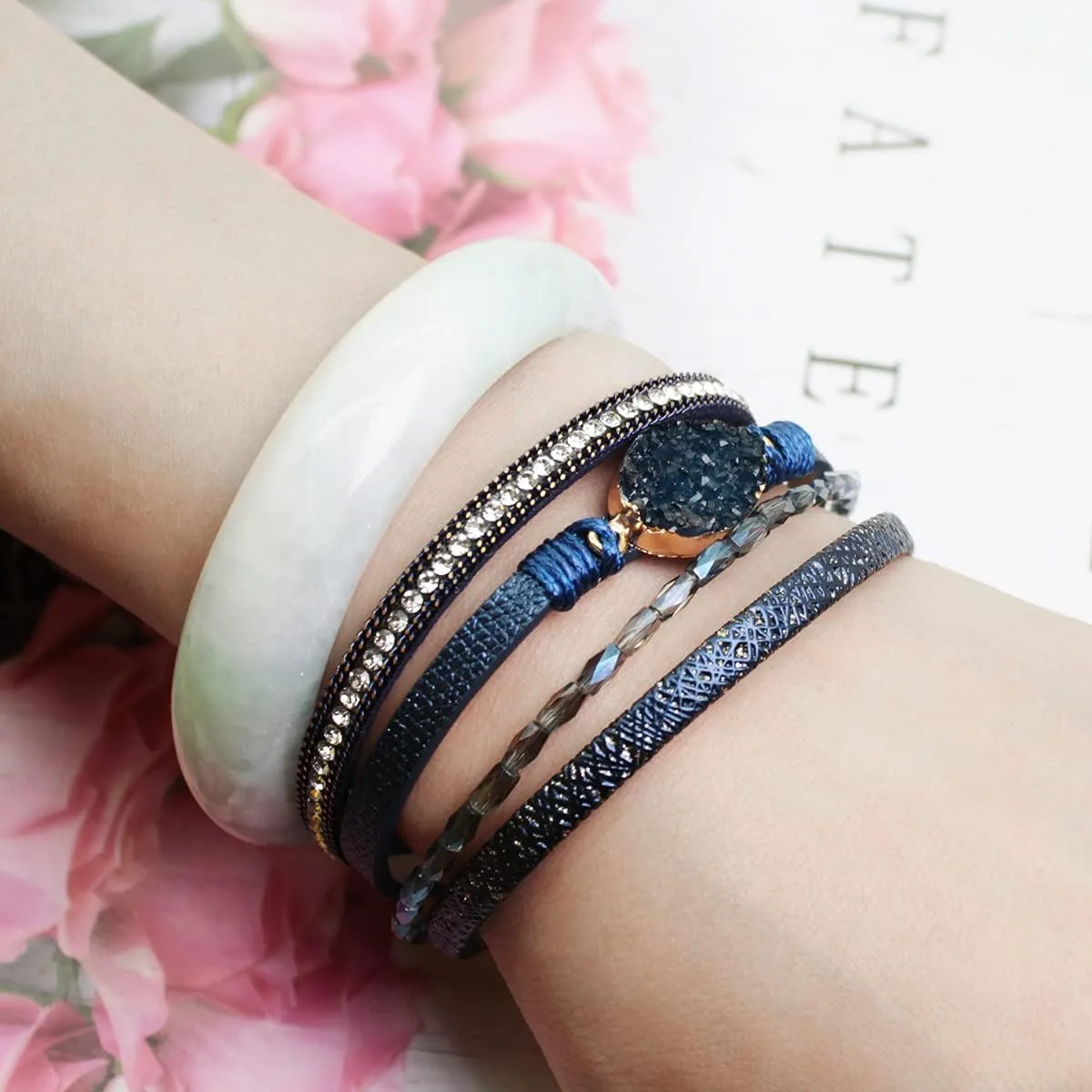 Boho Leather Wrap Bracelets Bohemian Crystal Bracelets Trendy Layered Bracelet with Magnetic Clasp Jewelry Gifts for Women