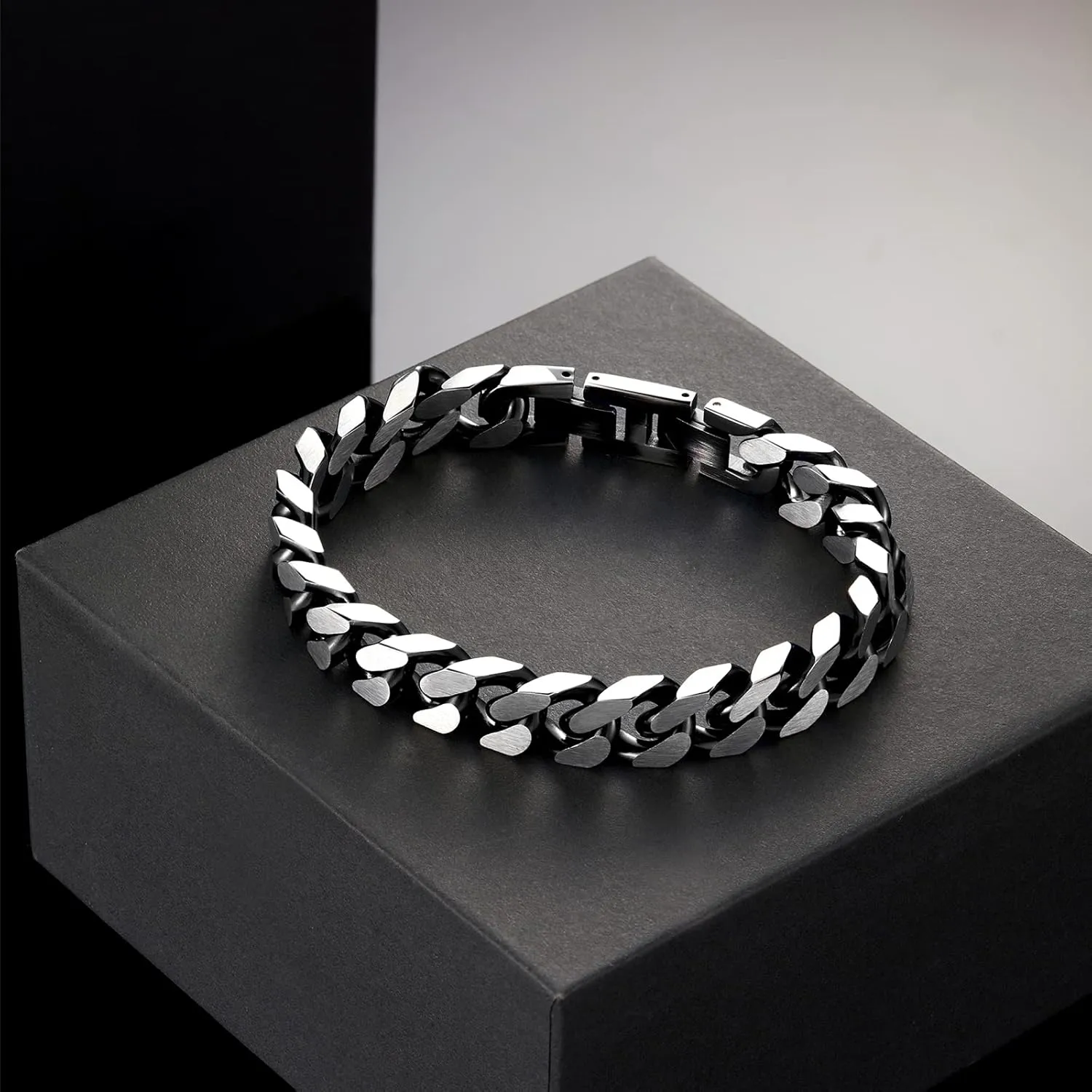 Bracelets for Men-Stainless Steel Fold Over Clasp Cuban Chain Mens Bracelet