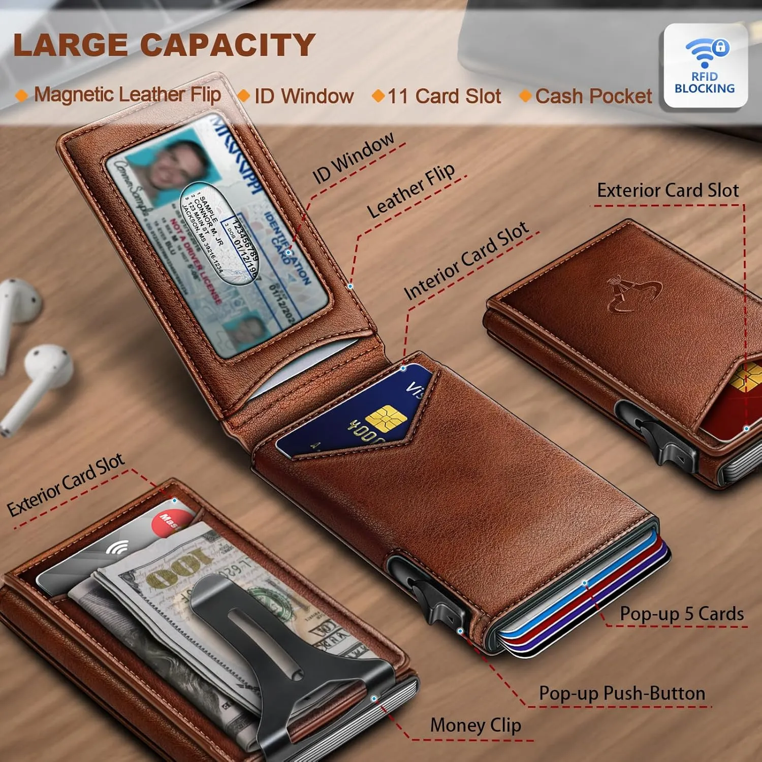 BULLIANT Men Wallet,Money Clip Wallet Slim For Gift Men 9Cards-Metal Credit Card Case in Magnetic Leather Flip