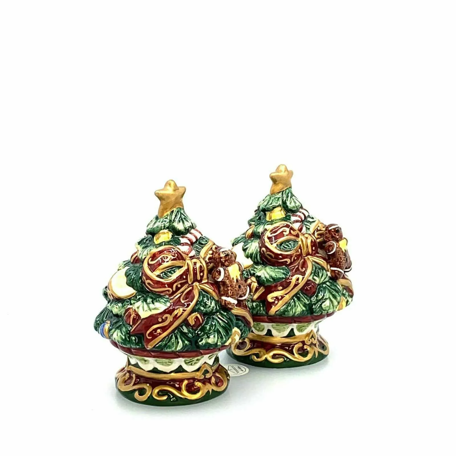 Christmas Tree Red Bow Gingerbread Man Salt Pepper Shakers Set Pair Ceramic
