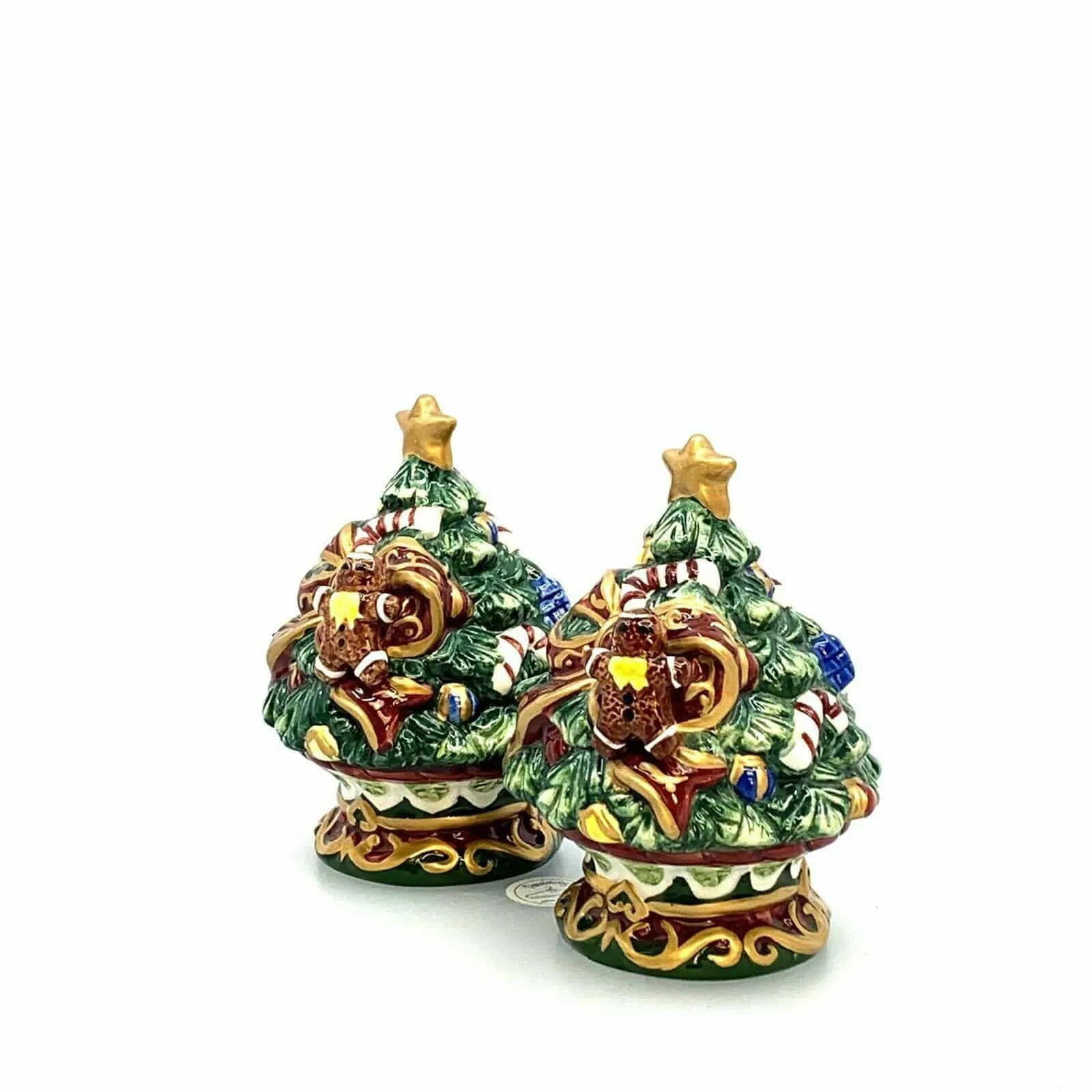 Christmas Tree Red Bow Gingerbread Man Salt Pepper Shakers Set Pair Ceramic